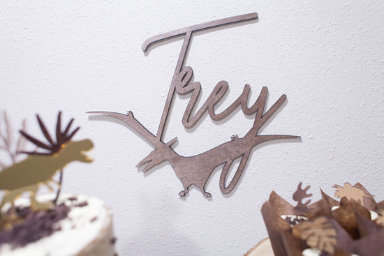 Dinosaur personalized wooden name sign next to dinosaur cake toppers.