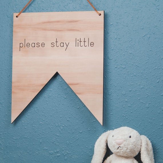 Please stay little nursery decor on blue wall and white rabbit