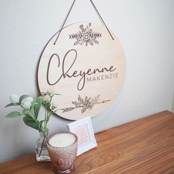 Floral + Arrow Engraved Wooden Name Sign