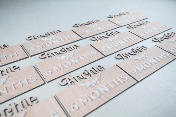 Load image into Gallery viewer, Custom wooden baby milestones, 3D milestone plaques with name.
