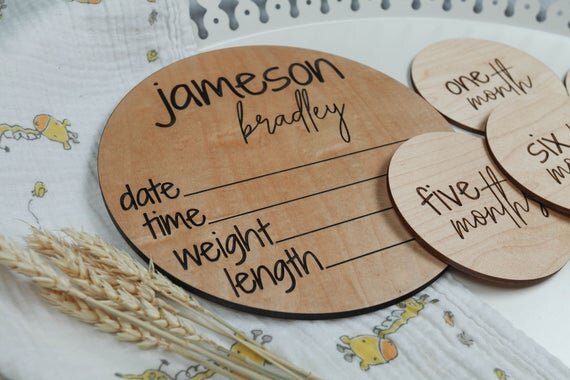 Load image into Gallery viewer, Wooden Personalized Baby Name Announcement w/ Stats + Milestones
