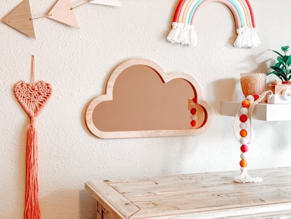 Baby Kids Wooden Mirror Hanging Nursery Room Wall Decorative