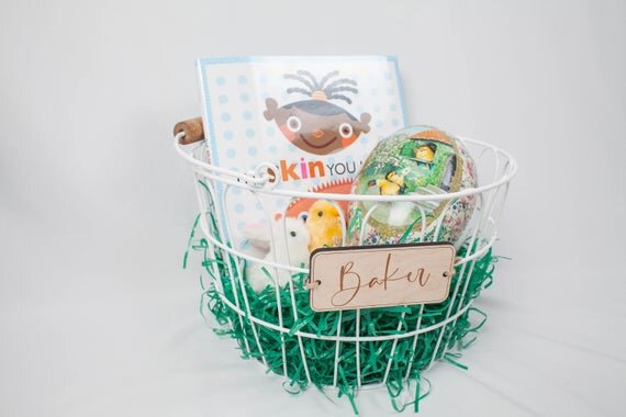 Load image into Gallery viewer, Custom wooden gift tags, custom name tags for Easter baskets on a white Easter basket.
