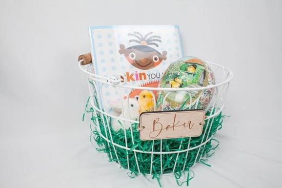 Custom wooden gift tags, custom name tags for Easter baskets on a white Easter basket.