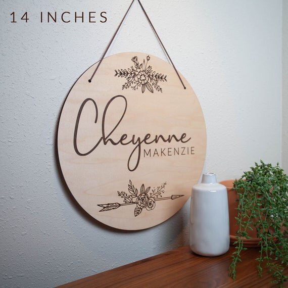 Floral + Arrow Engraved Wooden Name Sign
