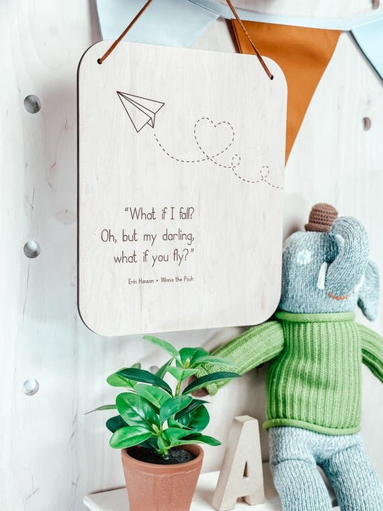 Load image into Gallery viewer, What if I fall nursery wall decor hanging on wooden peg board with green plant and elephant toy
